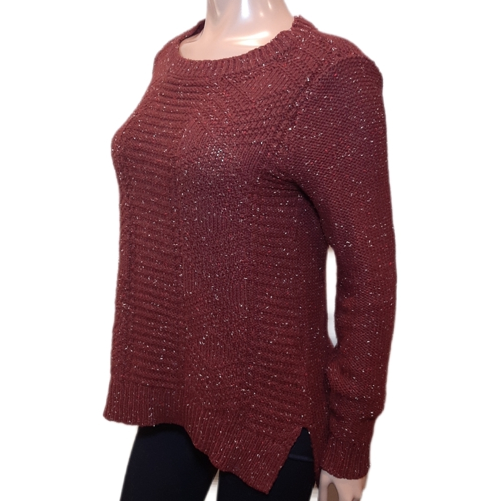 Hollister Flecked Maroon Knit Tunic Sweater Side Slit Chunky Ribbed Medium